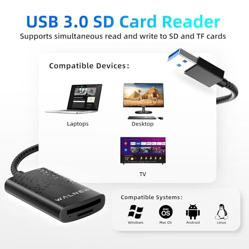 SD Card Reader with UHS-II, WALNEW SD 4.0 USB 3.0 Memory Card Reader for Mac OS, Windows, Android on PC, Laptop, and Camera, SD Card Adapter Supports SD/Micro SD/SDXC/SDHC/RS-MMC/UHS-I/UHS-II Cards