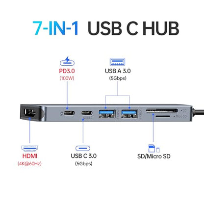 USB C Hub HDMI Adapter for MacBook Pro/Air, 7 in 1 USBC Dongle with HDMI, microSD/SD Card Reader, USB C Data Port,100W PD, and 2 USB 3.0 Compatible for MacBook Pro/Air, Dell XPS, Lenovo Thinkpad. - color: Space Gray