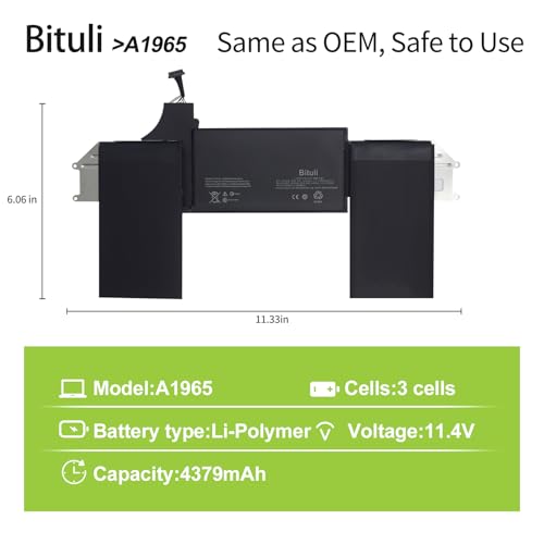 A1965 Battery for MacBook Air 13-inch Model A1932 A2179 Battery Replacement 2018 2019 2020 Version EMC 3184 3302 MacBookAir8,1 8,2 9,1 MRE82LL/A MRE92LL/A MVFH2LL/A MVFM2LL/A MRE82B/A 49.9Wh - color: A1965