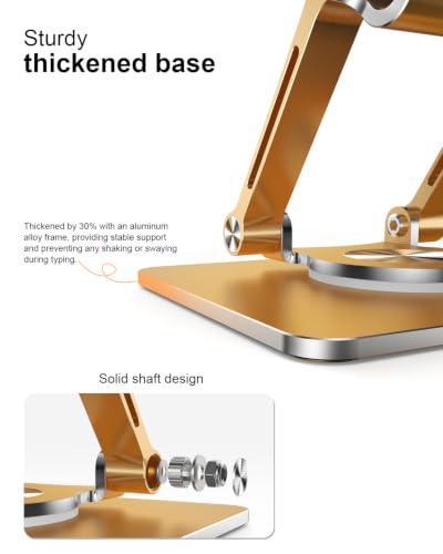 Orlian Tablet Stand Holder with Thickened 360°Rotating Base Dual Rod Adjustable Aluminum Stand for All 5.8-12.9” iPad Samsung Phone Tablet Kindle E-Reader and More, Gold - color: Gold