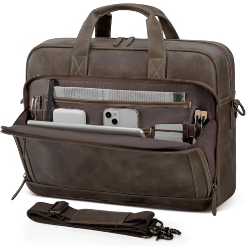 RAINSMORE Mens Laptop Bag 16 Inch Leather Briefcase Vintage Messenger Bag for Men Large Crossbody Shoulder Office Computer Bag Retro College Satchel Bag for Work, Business,Travel, Wood - color: Wood