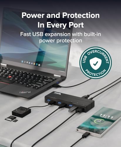 Plugable 7-Port USB 3.0 Hub with 36W Power Adapter - Driverless - Effortlessly Connect Devices and Transfer Data at High Speeds