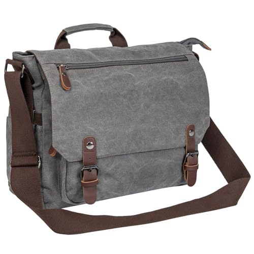 Vintage Genuine Leather Waxed Canvas Briefcase Large Satchel Shoulder Bag Rugged Computer 15.6" Laptop Bag - color: Grey