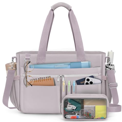 RAINSMORE Teacher Tote Bag for Women 15.6 Inch Laptop Briefcase with Clutch Bag, Nurse Bags Professional Work Handbag for Office College Nursing, Large Utility Tote Messenger Shoulder Bag, Grey Pink - color: Grey Pink