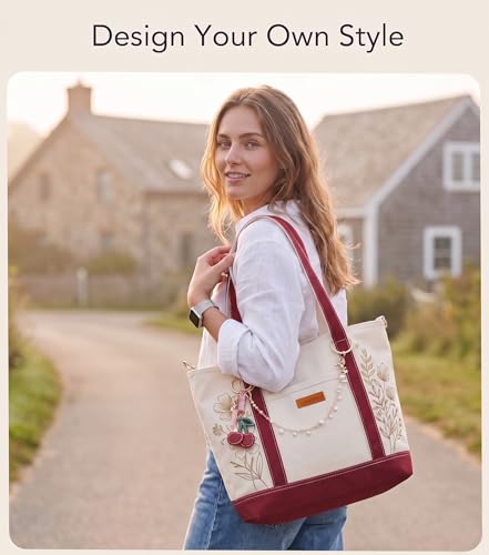 Aveniee Canvas Tote Bag for Women, Crossbody Purse with Zipper, Adjustable Shoulder Strap Handbags - color: Dark Red