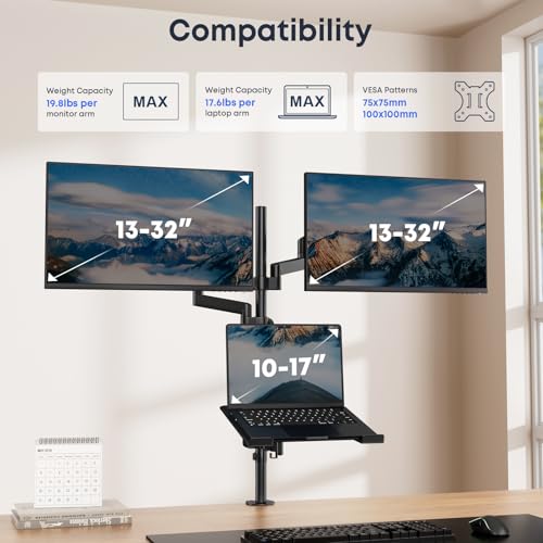 Dual Monitor and Laptop Mount Stand, Fits 32" Screens & 17" Laptops | 19.8 lbs per Arm,Fits 10-17" Laptops,Extra Long Pole,Full Motion & Height Adjustable, C-clamp Desk Mounting