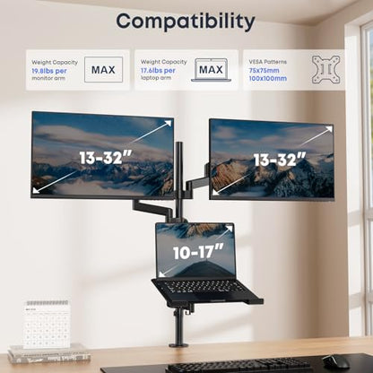 Dual Monitor and Laptop Mount Stand, Fits 32" Screens & 17" Laptops | 19.8 lbs per Arm,Fits 10-17" Laptops,Extra Long Pole,Full Motion & Height Adjustable, C-clamp Desk Mounting