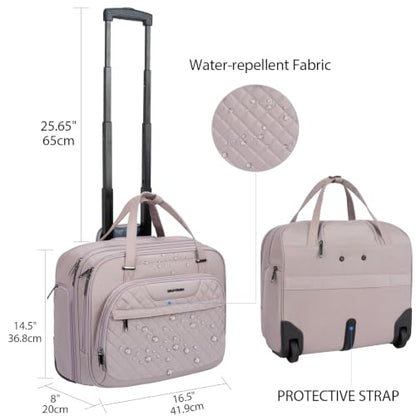 EMPSIGN Rolling Laptop Bag Women, Rolling Briefcase 15.6 Inch, Grey Pink | Water-Repellent, Airline Approved, Overnight Computer Bag, Rolling Briefcase with Wheels, Travel Business Work - color: Quilted Grey Pink