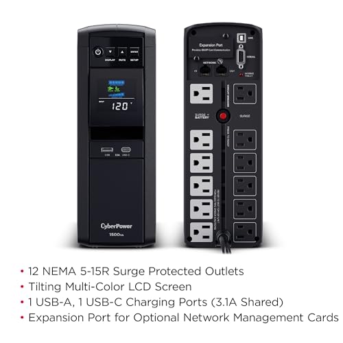 CyberPower CP1500PFCLCD PFC Sinewave UPS Battery Backup and Surge Protector, 1500VA/1000W, 12 Outlets, AVR, Mini Tower, UL Certified | 12 Nema Outlets, Avr, Color LCD, USB a Plus C - size: 1500VA, style: Mini-Tower