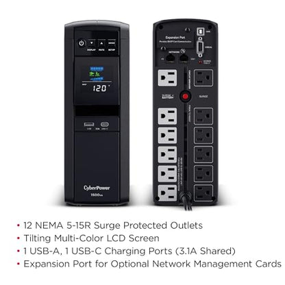 CyberPower CP1500PFCLCD PFC Sinewave UPS Battery Backup and Surge Protector, 1500VA/1000W, 12 Outlets, AVR, Mini Tower, UL Certified | 12 Nema Outlets, Avr, Color LCD, USB a Plus C - size: 1500VA, style: Mini-Tower