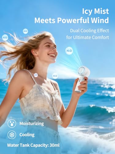 MIST Portable Cooling Fan 13.5H Runtime, 30ml Water Tank, 5 Speeds, 3-in-1 Handheld Fan with Icy Mist & Powerful Wind for Outdoor Travel, Office, Personal Cooling - style: Mist with 13.5H