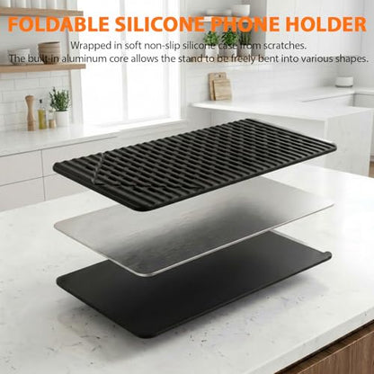 2026 Portable Foldable Silicone Cell Phone Stand, Flexible Folding Aluminum Phone Holder for Phone, Tablet and Laptop, Adjustable Universal Anti-Slip Desktop Mount for Home, Office and Travel (Black) - color: Black