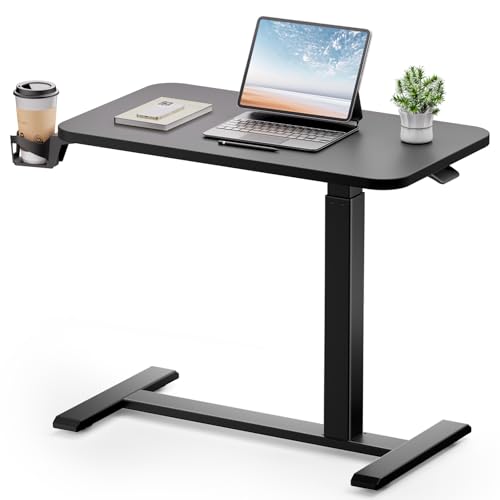 GTPLAYER Small Standing Desk with Hidden Wheels, Pneumatic Mobile Rolling Laptop Desk, Adjustable Height Overbed Bedside Table Computer Workstation for Home Office (32" W x 16" D, Black) - color: Black-hidden, size: Large