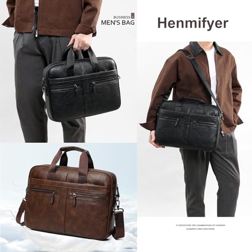 Leather Laptop Bag for Men, Briefcase Crossbody Shoulder Messenger Bag Business Travel Work Attache Case - color: Black
