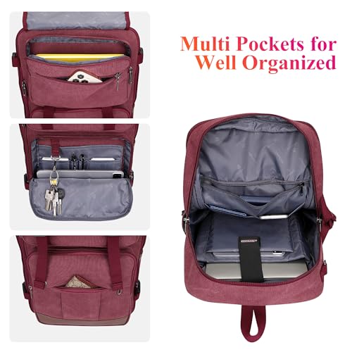 WITZMAN Canvas Travel Backpack for Women Large Laptop Backpack Fits 16 Inch | Expandable 32L to 42L, Carry-on Airline Approved Convertible Shoulder Rucksack, For Vacation, Overnight Trip, A6617 Red - color: Red