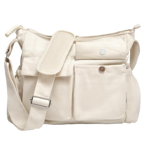 High Density Canvas Messenger Bag for Men/Women, 15” Large Crossbody Shoulder Bag Tote Bag for College/Travel/Work Daily Use | High Density Canvas - color: Beige