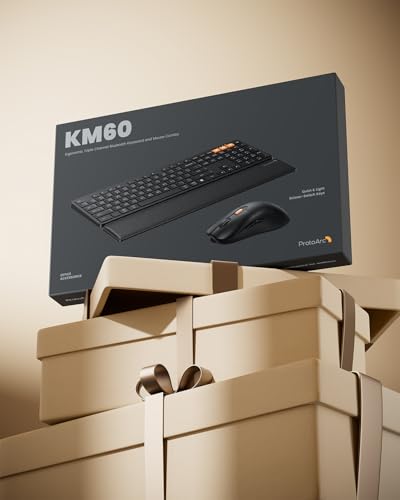 ProtoArc KM60 Wireless Ergonomic Keyboard Mouse Combo, Black | Full-size Keyboard with Wrist Rest, 63G Mouse, 3-Device Switching (Dual Bluetooth+2.4G), Type-C Charging, Quiet Keys