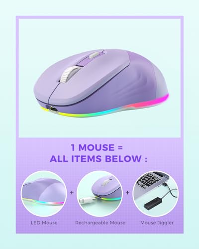 PEIOUS Wireless Jiggler Mouse for Laptop Keeps Computer Awake- Light Purple | 2-in-1 rechargeable LED mouse with jiggler mode, random movement, On/Off control, and plug-and-play USB - color: Purple