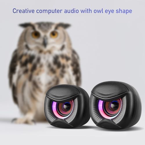 Elimavi USB Computer Speakers, 3.5mm Aux Speaker and USB Powered Interface are Suitable for Desktop Laptop Monitor, Owl Eye Design, Includes a USB-C Adapter, Colorful Lights - style: Colorful lights