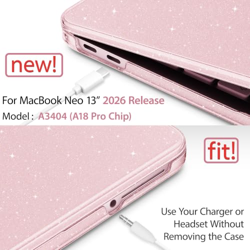 May Chen Compatible with MacBook Neo 13 inch Case 2026 Model A3404, Plastic Hard Shell,Keyboard Cover,Screen Protector,Dust Plug, for MacBook Neo 13" with A18 Pro Chip, Glitter Sakura Pink - color: Glitter Sakura Pink