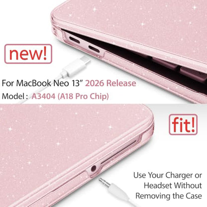 May Chen Compatible with MacBook Neo 13 inch Case 2026 Model A3404, Plastic Hard Shell,Keyboard Cover,Screen Protector,Dust Plug, for MacBook Neo 13" with A18 Pro Chip, Glitter Sakura Pink - color: Glitter Sakura Pink