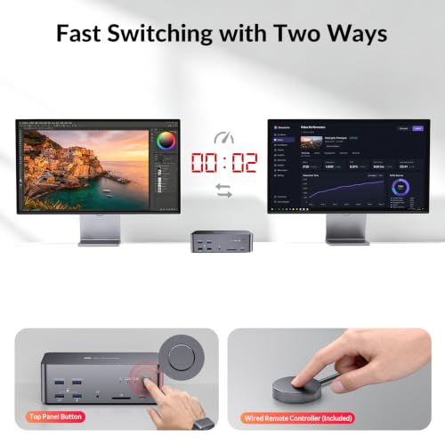 AV Access 8K KVM Switch 3 Monitors 2 Computers, 5 USB Ports, KVM Docking Station Triple Monitor 8K@60Hz/4K@165/144Hz, 2K@144Hz, SD, Audio, Gigabit LAN for Dell HP Desktop with HDMI & DisplayPort - size: D23i