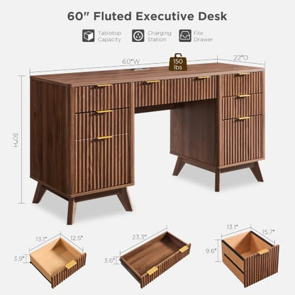 T4TREAM Fluted Executive Desk with Drawers, 60" Modern Home Office Computer Desk with Charging Station, File Cabinet, Keyboard Tray and Storage Cabinet for Study, Living Room, Bedroom, Light Walnut - color: Light Walnut