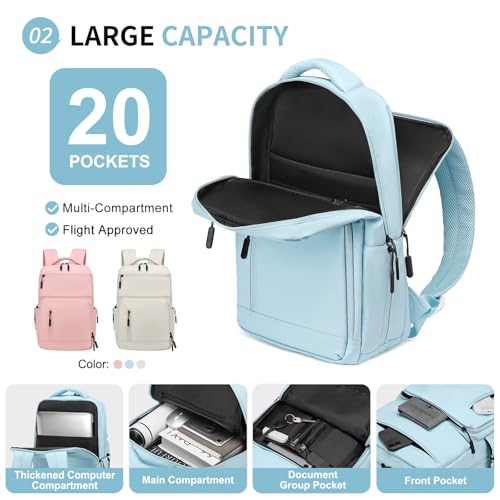 Waterproof Laptop Backpack for Men & Women, Flight Approved Anti-Theft Daypack with 15.6-inch Laptop Sleeve (Light Blue) - color: Light Blue
