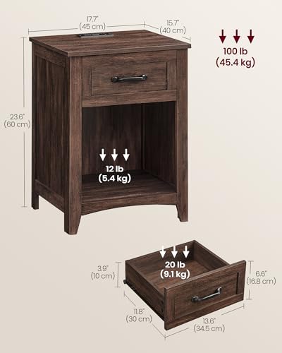 VASAGLE LIRY Collection - Farmhouse Nightstands with Charging Station, Set of 2 Bedside Tables, Side Tables with Drawer, Open Compartment, for Bedroom, Maroon Brown ULET959K51 - color: Maroon Brown, size: 2 PACK, style: 17.7"W x 23.6"H With 1 Drawer