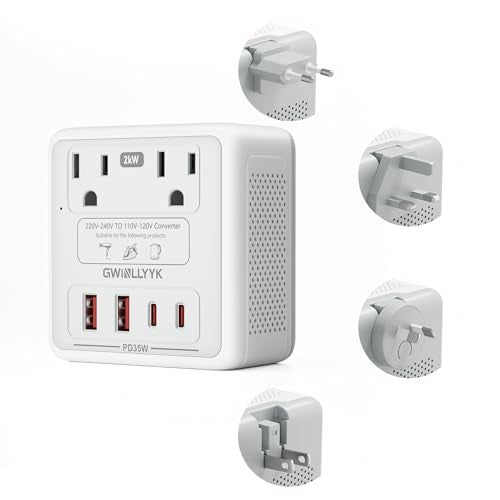 2000W 220V to 110V Voltage Converter Us to Europe for Hair Dryers, Travel Converter with PD 35W USB Ports, International Travel Adapter with Type C G I A, Converter for European Travel (Gray)