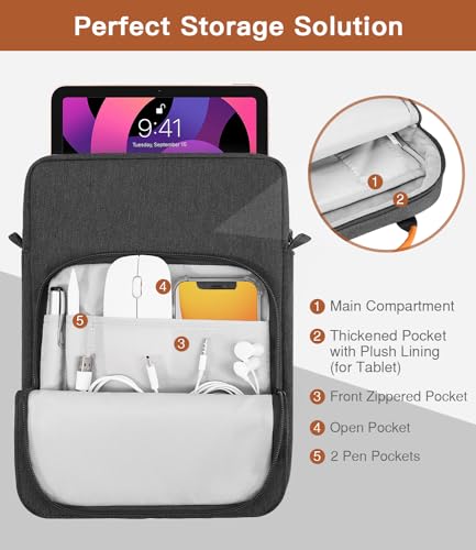 MoKo 9-11 Inch Tablet Sleeve Bag Handle Carrying Case with Shoulder Strap | Fits iPad Pro/Air/A16 11-inch, iPad 10th 10.9, iPad 9/8/7th 10.2, iPadAir 5/4th 10.9 and Tab S8/S9 11-inch, Black & Gray - color: Black & Gray, size: 9-11 inch