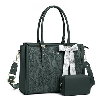 MOSISO Laptop Bag for Women, 15.6-16 inch PU Leather Tote Bag | Compatible with MacBook, HP,Dell,Asus, Front Embossed Retro Hibiscus Computer Bags with Silk Scarf&Clutch Purse,Emerald Green - color: Emerald Green, size: 16 inch