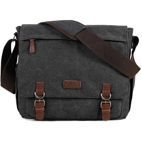 Vintage Messenger Bag 15.6 Inch Laptop for Men Women, Large Travel Crossbody Shoulder Purse Canvas Briefcase Work College - color: Black-upgrade