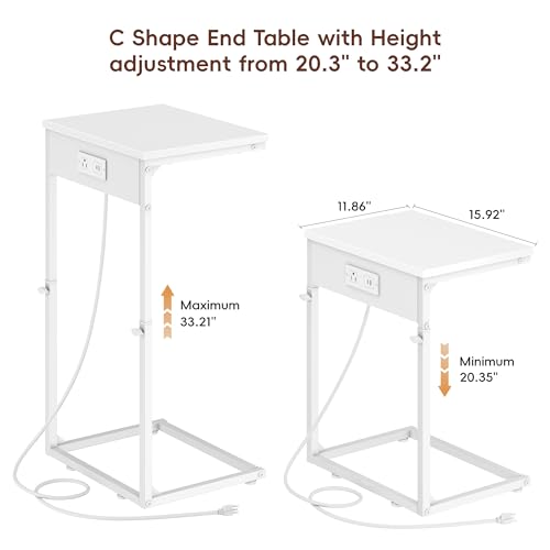 C Shaped End Table with Charging Station, Adjustable Height Side Table for Couch, Small End Table Small Spaces, 33.2'' Tall Couch Tables that Slide Under, Tv Tray Table for Living Room, White - color: White (1 Pack), style: With Plug