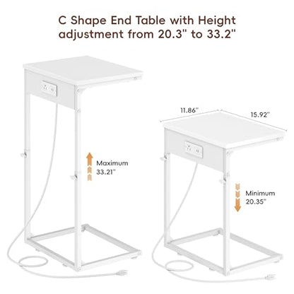 C Shaped End Table with Charging Station, Adjustable Height Side Table for Couch, Small End Table Small Spaces, 33.2'' Tall Couch Tables that Slide Under, Tv Tray Table for Living Room, White - color: White (1 Pack), style: With Plug