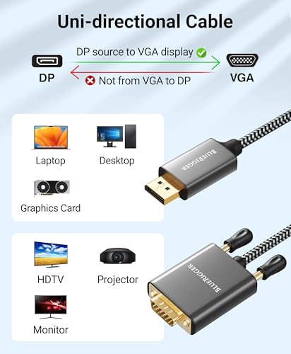BlueRigger 6FT DisplayPort to VGA Cable - DP to VGA Monitor Cable, Uni-Directional, Male to Male, Compatible with Laptop, Monitor, Desktop, HDTV - size: 6FT, style: DP-VGA