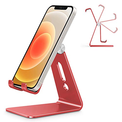 OMOTON C2 Adjustable Aluminum Cell Phone Stand with Charging Cutout, Red | Sturdy 3mm Aluminum, Charging Port, 270° Adjustable, Non-Slip Silicone Pads, Works with Thick Cases, for All Smartphones - color: Red