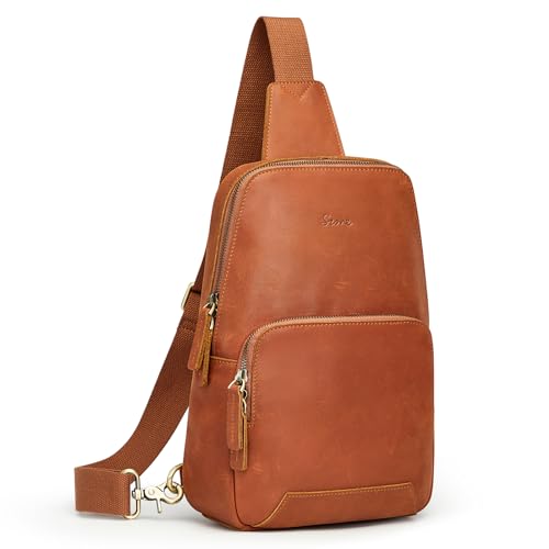 S-ZONE Sling Bag for Men Women RFID Blocking Genuine Leather Crossbody | Top Grain Leather, Vintage Chest Bag, Hiking Daypack Travel Outing Shopping, Anti-theft, Multi Pockets - color: Cognac