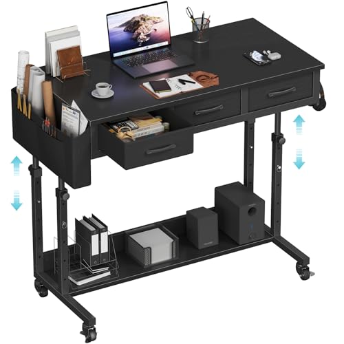 Rolling Standing Desk Adjustable Height with Drawers, 40 Inch Mobile Stand Up Portable Teacher Desks on Wheels for Classroom, Couch Sofa Side Laptop Table with Storage for Bedroom Home Office, Black - color: Black, size: 39.5"