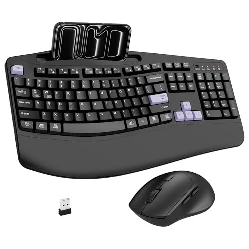 Wireless Keyboard and Mouse Combo, 2.4G Full Size Wave Keys Ergonomic Keyboard with Wrist Rest, Phone Holder, 3-Level DPI Wireless Silent Mouse with 6-Buttons, for Windows, Mac OS (Purple Black) - color: Purple Black