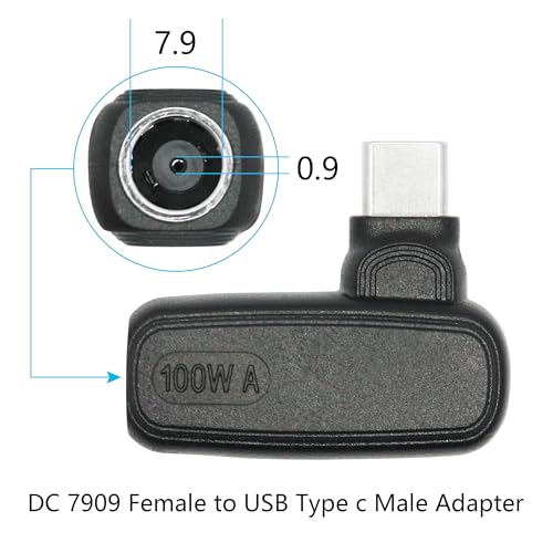 90 Degree 100W DC 7.9mm x 0.9mm Power Adapter, Input 15 - 20.5V, PD Chip | Right Angle DC 7909 Female to USB Type C Male PD Plug, Built in PD Intelligent Chip Quick Identification V/A, for USB C Port - style: DC 7909 Female to USB Type c Male - 100W