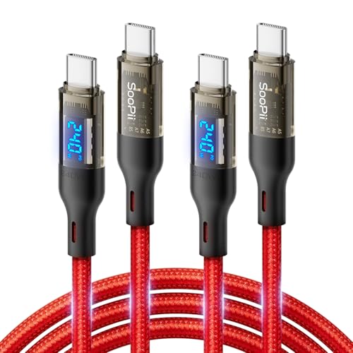 SOOPII USB C to USB C Cable [240W 6.6ft],Fast Charging USB C Cable with LED Display for MacBook Pro,lPhone16/15/15Pro/15ProMax,Galaxy S23+/S23 Ultra/S22 Ultra,etc.,Transparent Shell(Red-2Pack) - color: Red, size: 6.6FT 2Pack