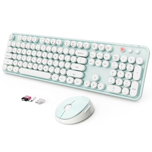 Wireless Keyboard and Mouse Combo, Ergonomic Full Size Typewriter Retro Round Keycaps Keyboard, Compatible with Windows, PC, Perfer for Home and Office Keyboards（Green） - color: Green