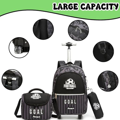 Kids Rolling Backpack for Boys 16.5" School Roller Backpack with Lunch Box, Toddler Backpacks with Wheels Rollig Wheeled Backpacks for Elementary School - color: Black Football