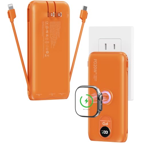 Portable Charger 10000mAh 20W, Wall Plug, 2 Cables, iWatch Charging | Digital Display, Compact Lightweight, USB C Fast Charge, USB-A 18W, Multi Protection, Travel Essential, for iPhone 17 16, Pad - color: Vitality Orange