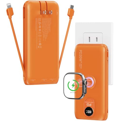 Portable Charger 10000mAh 20W, Wall Plug, 2 Cables, iWatch Charging | Digital Display, Compact Lightweight, USB C Fast Charge, USB-A 18W, Multi Protection, Travel Essential, for iPhone 17 16, Pad - color: Vitality Orange