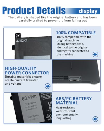 80.5Wh VG661 Battery Replacement for Dell Alienware X14 R1 Alienware X14 R2 Series Notebook 0GD3C9 GD3C9 0V4N84 V4N84 - size: 10.98*4.82*0.20 inch VG661
