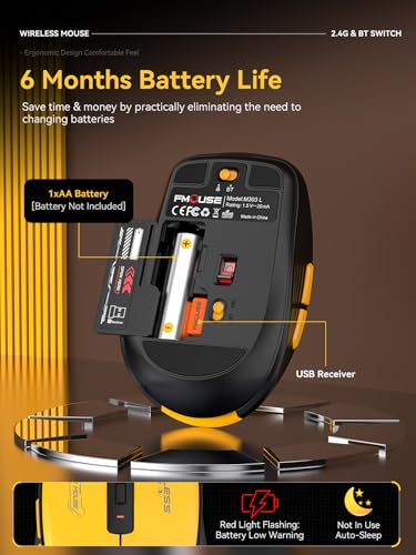 FMOUSE Wireless Mouse, Bluetooth & 2.4GHz Dual Mode, No Charging Needed (AA Battery), Silent Click, Side Shortcut Keys, 4-Level DPI, Compact for MacBook Laptop iPad PC – Yellow & Black - color: Yellow and Black