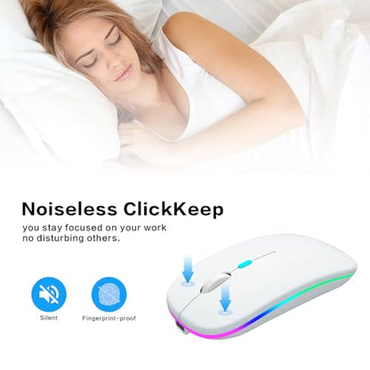 AIKOKOK Wireless Bluetooth Mouse, Rechargeable, Dual Mode Bluetooth 5.2 & 2.4G USB, LED Lights, Slim, Silent, Portable Computer Mouse for Laptop, PC, MacBook, iPad, Tablet (White) - color: White