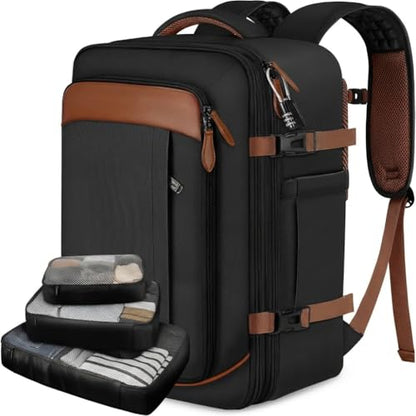 Vancropak 40L Travel Backpack for Men, Flight Approved Carry on Backpack | 17.3" Laptop Backpack, Expandable Weekender Bag with 3 Packing Cubes, Shoe Compartment, Large Anti-Theft Luggage Daypack - color: Dark Black Brown